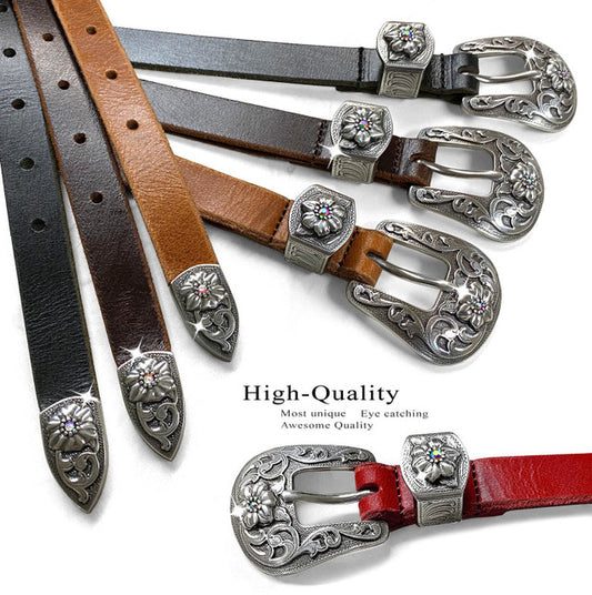 Western Leather Rhinestone Antique Floral Engraved Buckle Belt