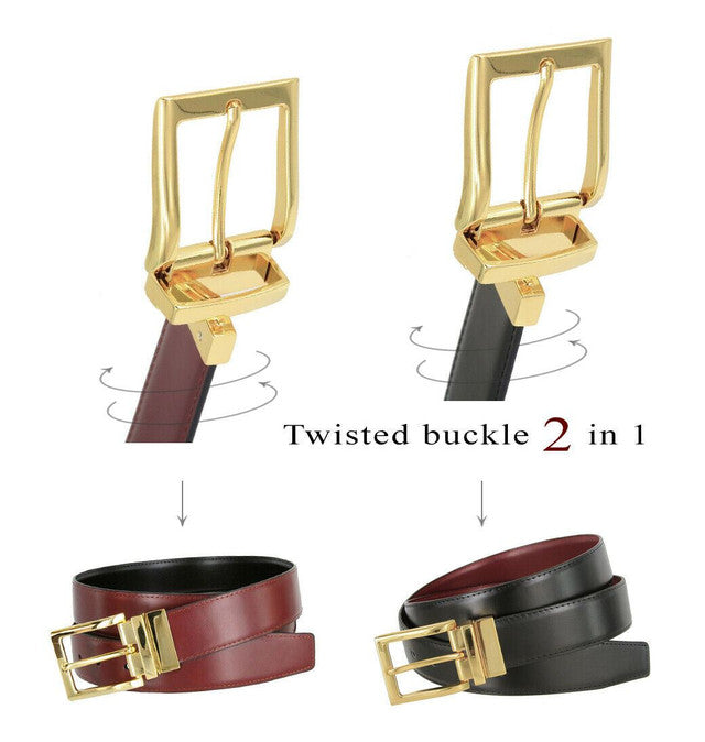 Men's Reversible Belt Gold Buckle Genuine Leather Dress Casual Belt