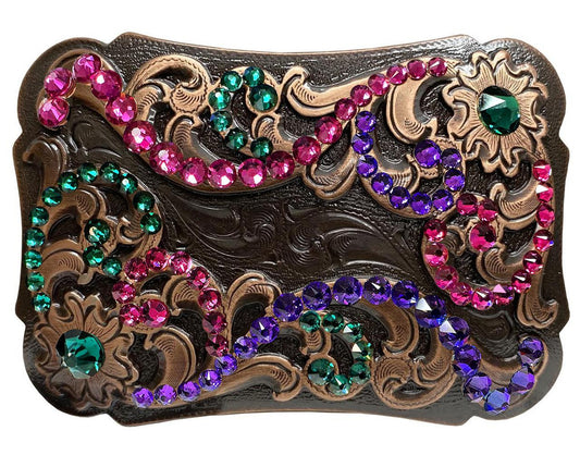 Rhinestone Western Floral Scroll Engraved Copper Belt Buckle