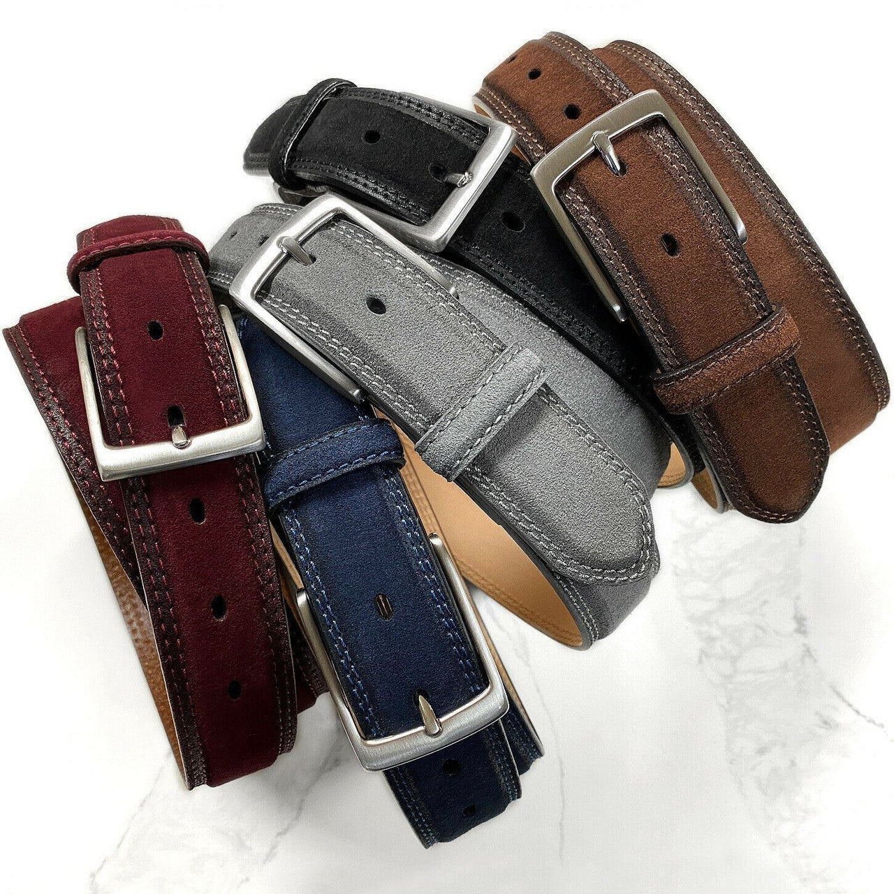 Brushed Nickel Solid Brass Buckle Suede Belt Genuine Leather Casual Dress Belt