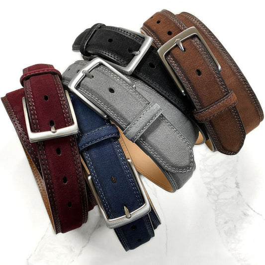 Brushed Nickel Solid Brass Buckle Suede Belt Genuine Leather Casual Dress Belt