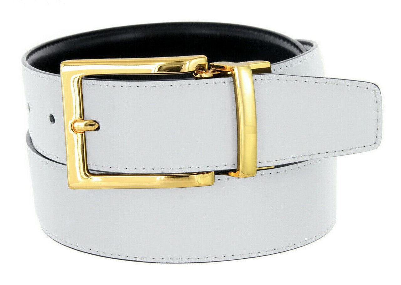 Men's Reversible Belt Gold Buckle Genuine Leather Dress Casual Belt
