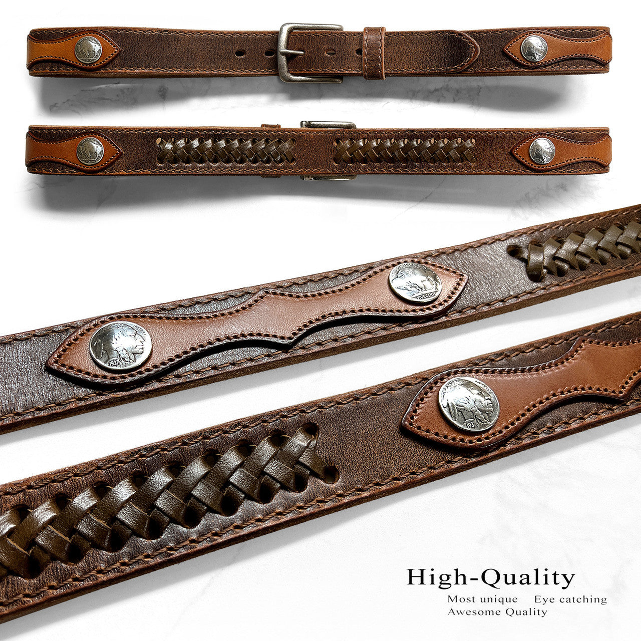 Western Antique Buckle buffalo Indian Coin Conchos Genuine Full Grain Leather Belt