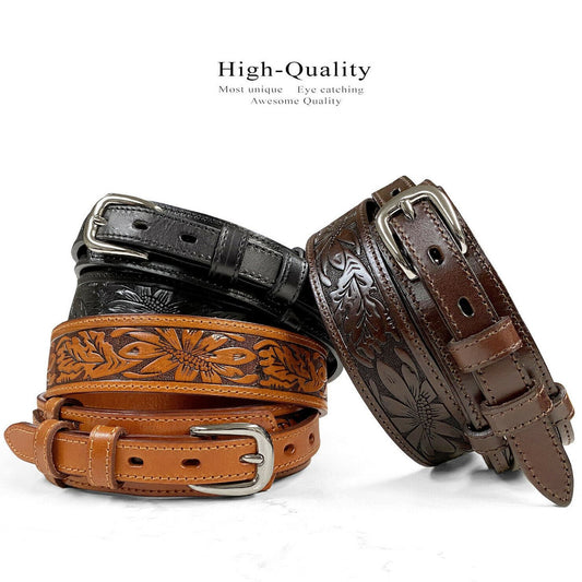 Genuine Leather Floral Tooled Engraved Western Ranger Belt