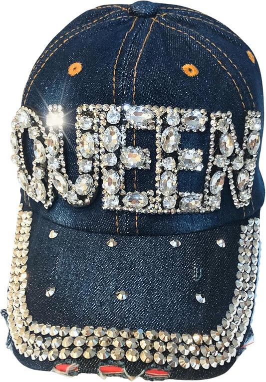 Queen” Rhinestone Denim Hat – Distressed & Bedazzled Bling Baseball Cap