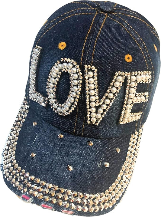LOVE" Rhinestone Baseball Cap – Bling Hat with Faux Pearls