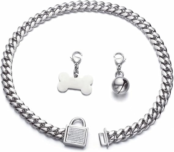 Dog Cuban Link Chain Customized Collar with CZ Buckle, ID Tag and Bell