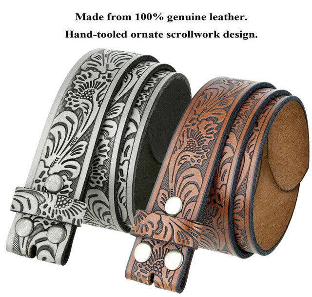 Western Floral Embossed Tooled Genuine Leather Belt Strap