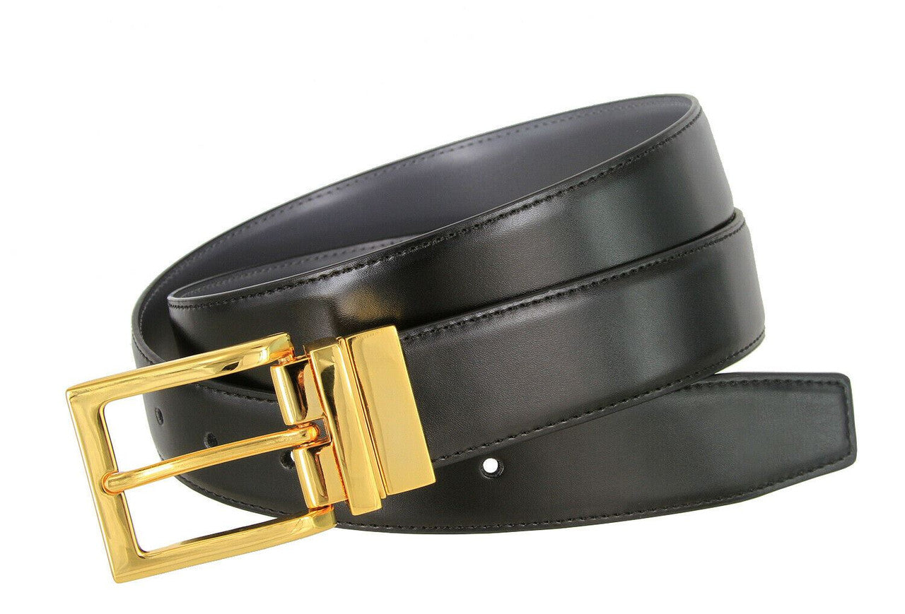 Men's Reversible Belt Gold Buckle Genuine Leather Dress Casual Belt