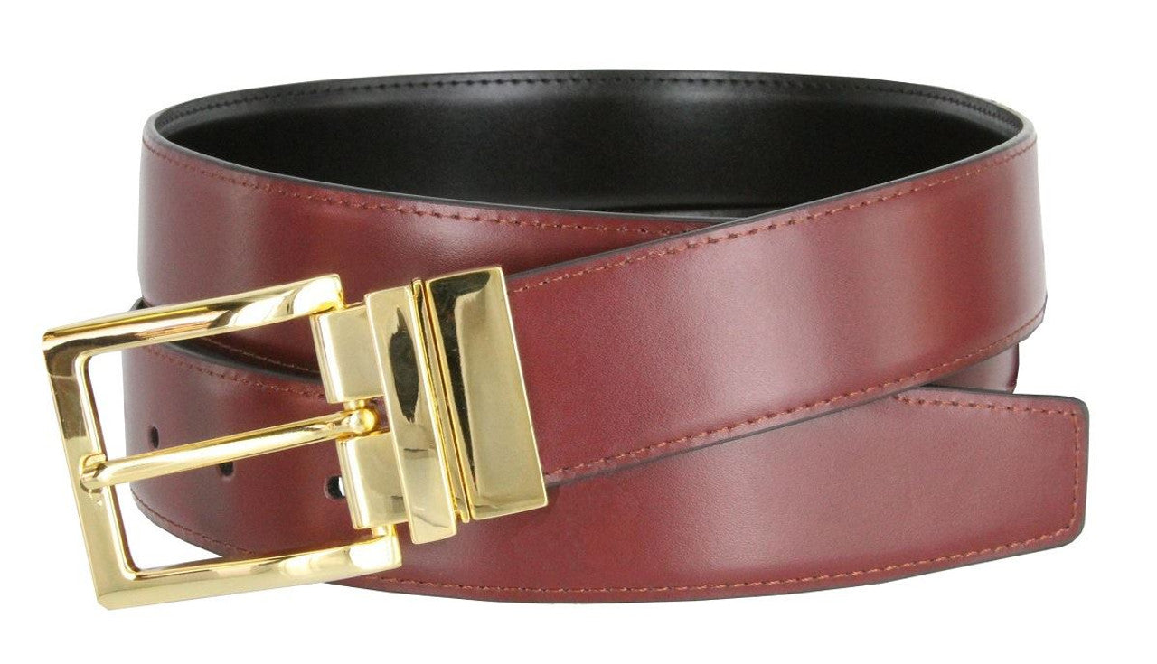 Men's Reversible Belt Gold Buckle Genuine Leather Dress Casual Belt