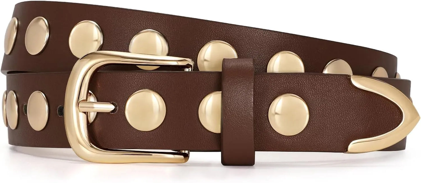 Women’s Studded Leather Belt - Punk Waist Belt with Gold Accents for Jeans, Pants, and Dresses