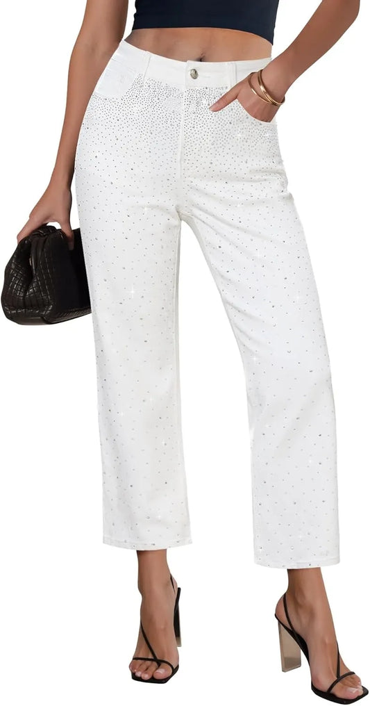 Rhinestone Embellished Cropped Jeans for Women - High Waisted Straight Leg Sparkly Denim Party Pants