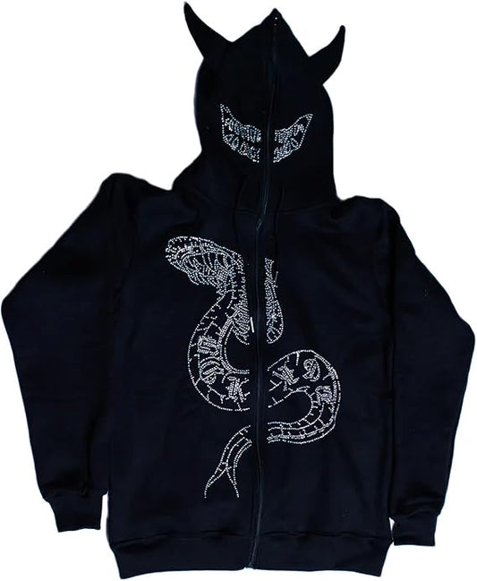 Rhinestone Devil Snake Zip Oversized Y2K Hooded Sweatshirt