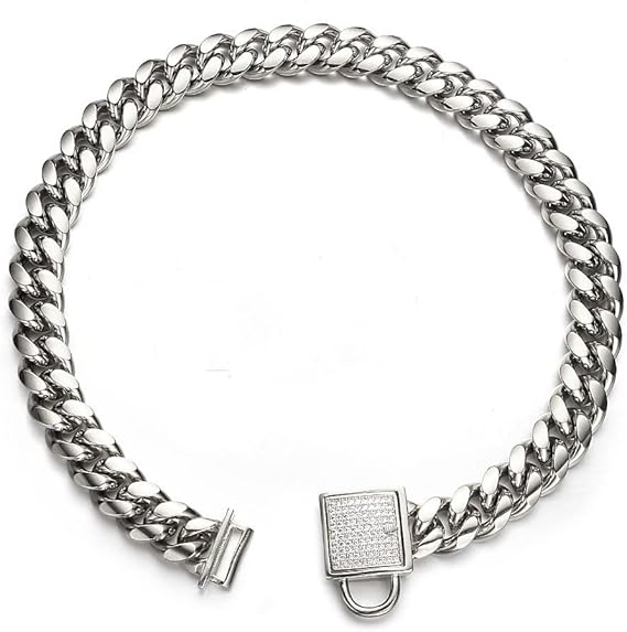 Dog Cuban Link Chain Customized Collar with CZ Buckle, ID Tag and Bell