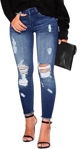 Women’s Ripped Skinny Jeans - Mid Waist Distressed Stretch Denim Pants with Raw Tassel Hem