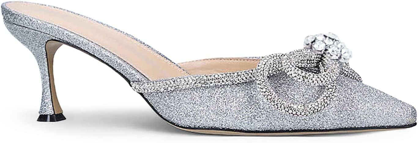 Women's Closed Pointed Toe Rhinestone Bowknot Low Heeled Sandals