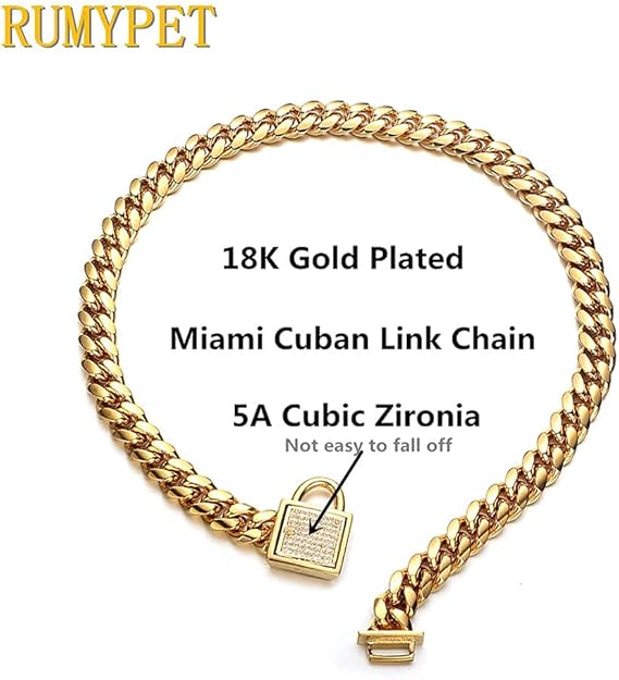 Dog Cuban Link Chain Customized Collar with CZ Buckle, ID Tag and Bell
