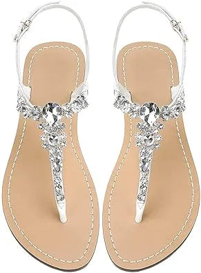 Women’s Rhinestone Flat Sandals - Sparkly Jeweled T-Strap Toe Ring Summer Beach Flip Flops