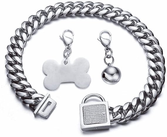 Dog Cuban Link Chain Customized Collar with CZ Buckle, ID Tag and Bell