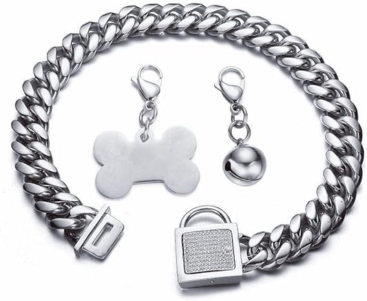 Dog Cuban Chain Customized Collar with CZ Buckle, ID Tag and Bell