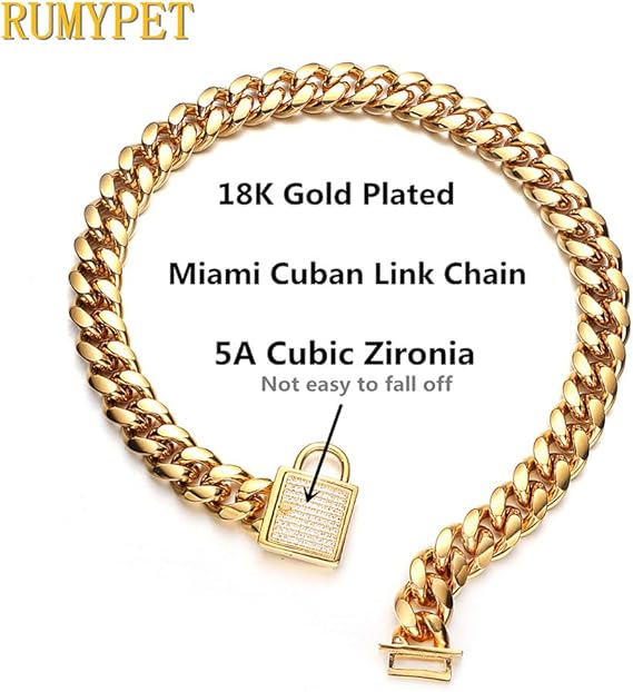 Dog Cuban Link Chain Customized Collar with CZ Buckle, ID Tag and Bell