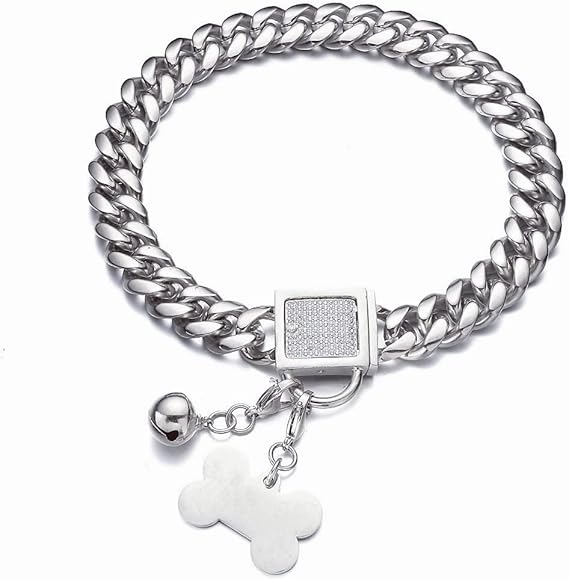 Dog Cuban Link Chain Customized Collar with CZ Buckle, ID Tag and Bell