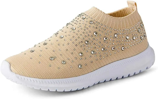 Women’s Rhinestone Mesh Slip-On Sneakers - Glitter Dance & Walking Sock Shoes