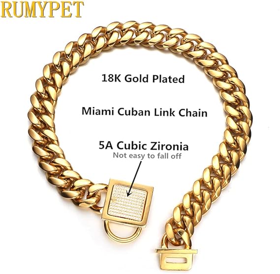 Dog Cuban Link Chain Customized Collar with CZ Buckle, ID Tag and Bell