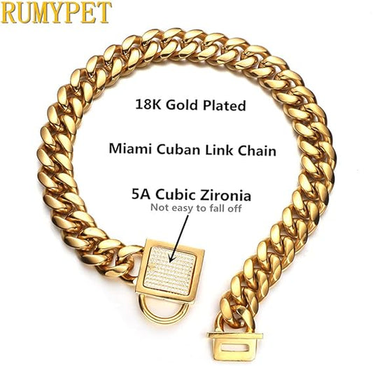 Dog Cuban Chain Customized Collar with CZ Buckle, ID Tag and Bell