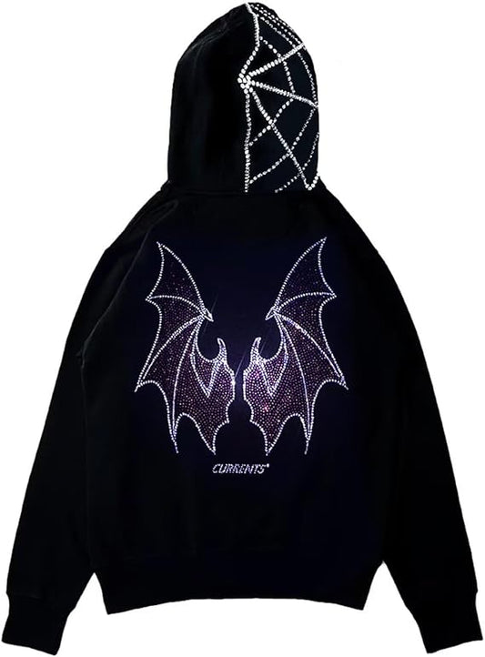 Womens Men Rhinestone Gothic Skull Spider Oversized Hoodies Jacket