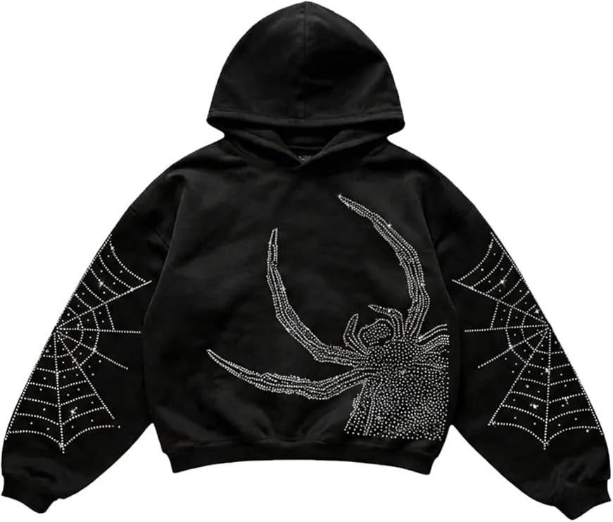 Men’s Rhinestone Hoodie Sweatshirt - Y2K Oversized Drop Shoulder Pullover, Long Sleeve Glitter Hoodie