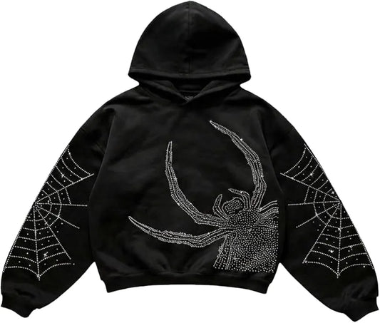 Men’s Rhinestone Hoodie Sweatshirt - Y2K Oversized Drop Shoulder Pullover, Long Sleeve Glitter Hoodie