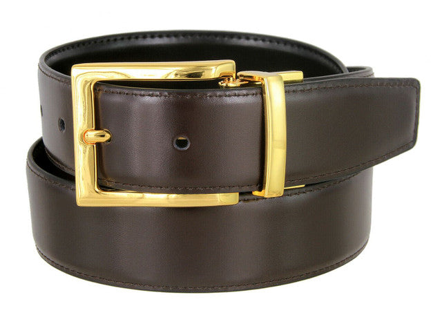Men's Reversible Belt Gold Buckle Genuine Leather Dress Casual Belt