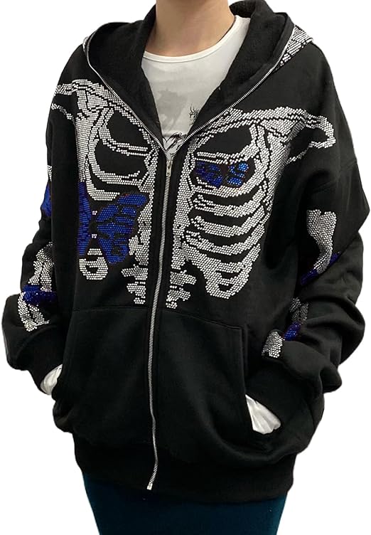 Unisex Men Women Zip Up Oversized Rhinestone Skeleton Jacket