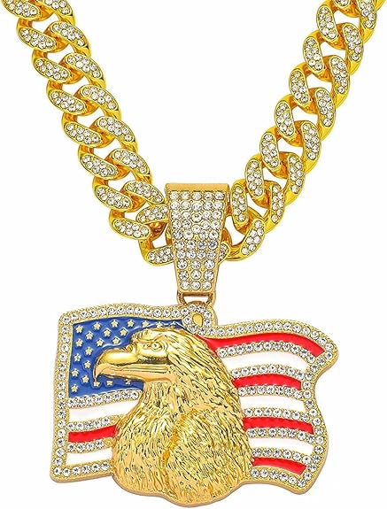 Gold Eagle Pendant Chain with American Flag – Iced Out Cuban Link Necklace-BRS 158