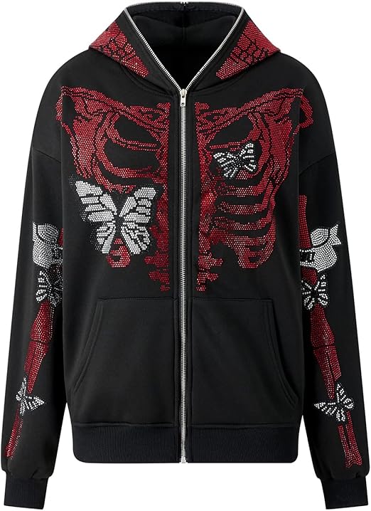 Unisex Men Women Zip Up Oversized Rhinestone Skeleton Jacket
