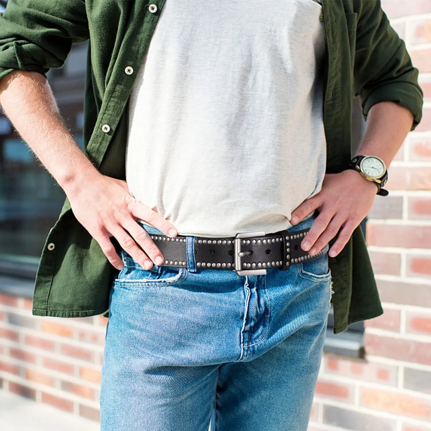 Wide Black Studded Leather Belt - Punk Rock Rivet Waist Belt for Jeans & Streetwear