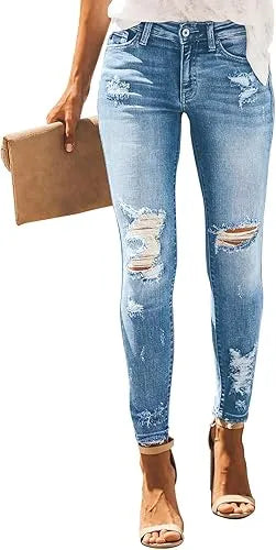 Women’s Ripped Skinny Jeans - Mid Waist Distressed Stretch Denim Pants with Raw Tassel Hem