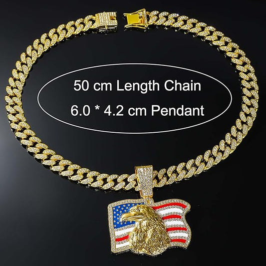 Gold Eagle Pendant Chain with American Flag – Iced Out Cuban Link Necklace-BRS 158