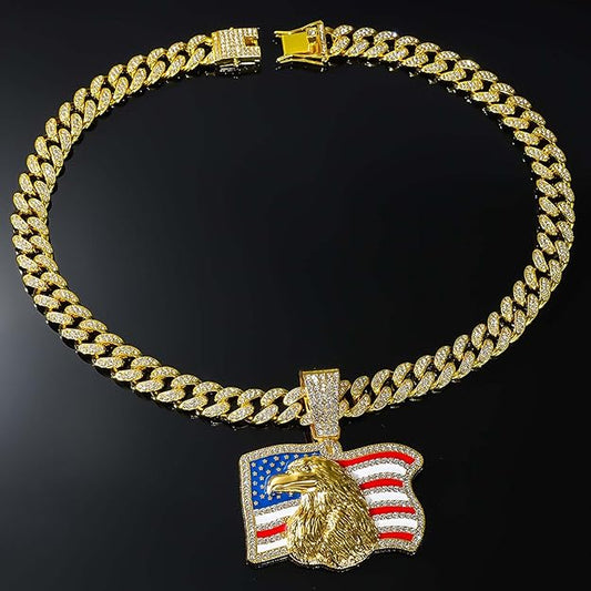 Gold Eagle Pendant Chain with American Flag – Iced Out Cuban Link Necklace-BRS 158