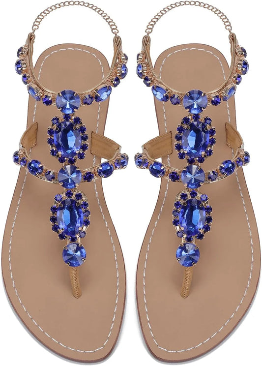 Women’s Rhinestone Gladiator Flat Sandals - Sparkly Crystal Bridal & Beach Wedding Sandals