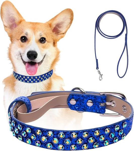 Leather Spiked Bling Western Pet Collars with Adjustable Leash