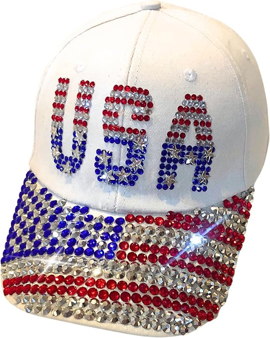 American Flag Baseball Hat – Handmade Rhinestone Distressed Denim Cap for Women and Girls