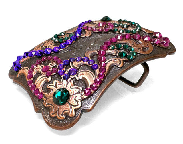 Rhinestone Western Floral Scroll Engraved Copper Belt Buckle