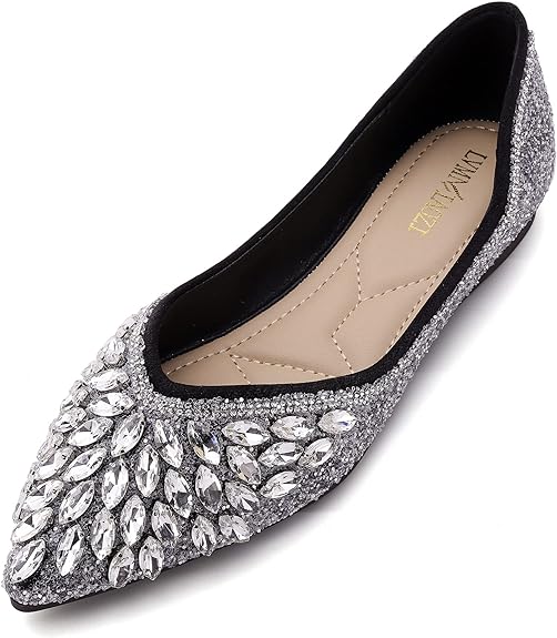 Women Rhinestone Sequin Wedding Pointed Toe Dress Flat Shoes