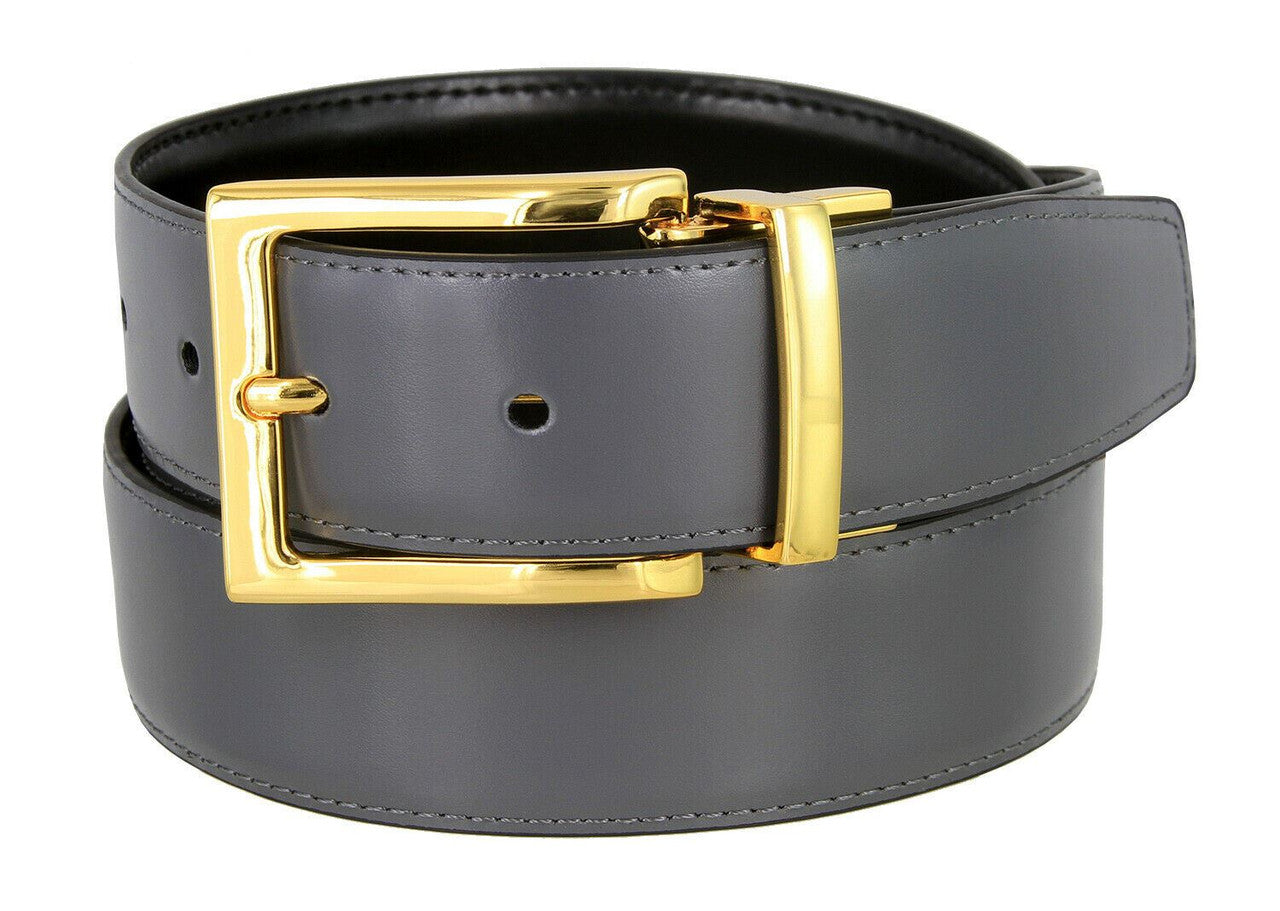 Men's Reversible Belt Gold Buckle Genuine Leather Dress Casual Belt