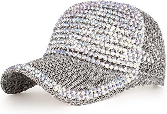 Studded Rhinestone Mesh Baseball Cap – Adjustable Bling Sun Hat with Ponytail Opening
