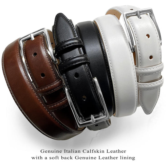 Silver Adam Solid Brass Buckle Genuine Full-Grain Cowhide Leather Dress Belt