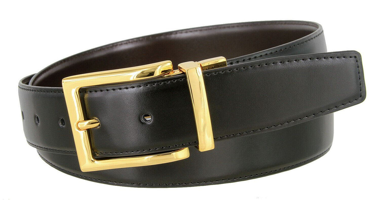 Men's Reversible Belt Gold Buckle Genuine Leather Dress Casual Belt