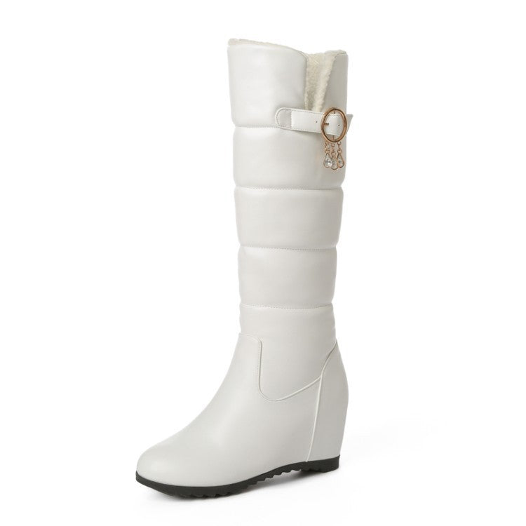 Elevated Round Toe Concealed Rhinestone Faux Fur Hidden Heel Winter Boots